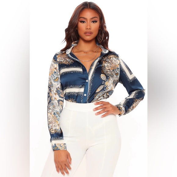 Fashion Nova Tops - FASHION NOVA Posh And Deluxe Satin Shirt Blue/combo